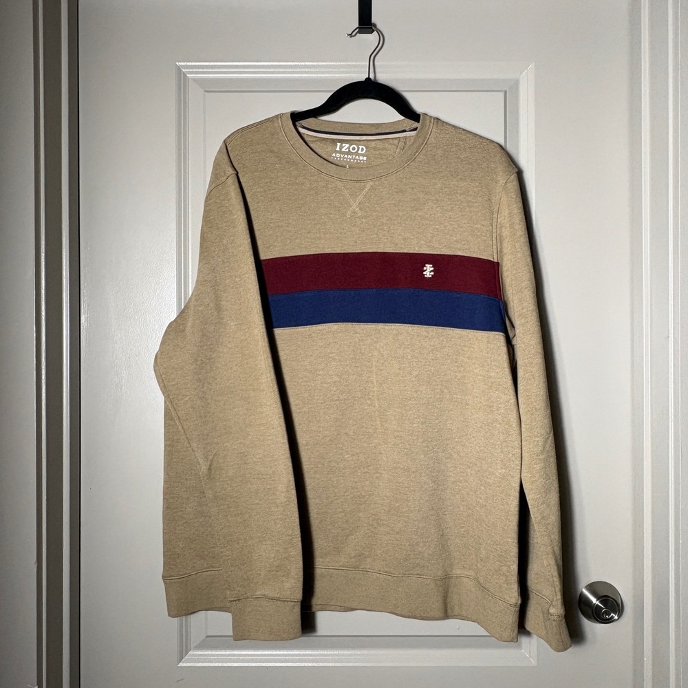 IZOD Advantage Men's L Tan Colorblock Stripe Crewneck Sweatshirt Preppy